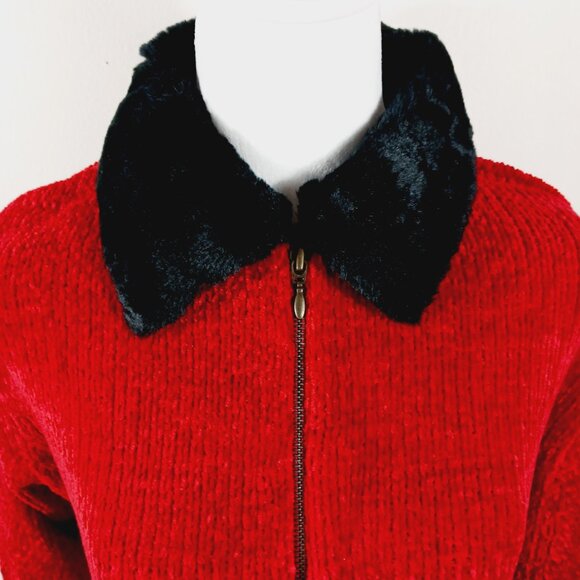 Kelly Scott, Red Zip Front Cardigan W/ Black Faux Fur Collar Size Medium Festive - Picture 9 of 16